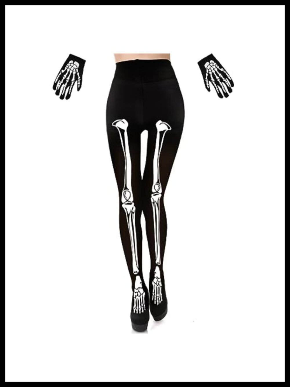 Skeleton Print Footed Tights & Gloves Set Halloween Costume Hosiery